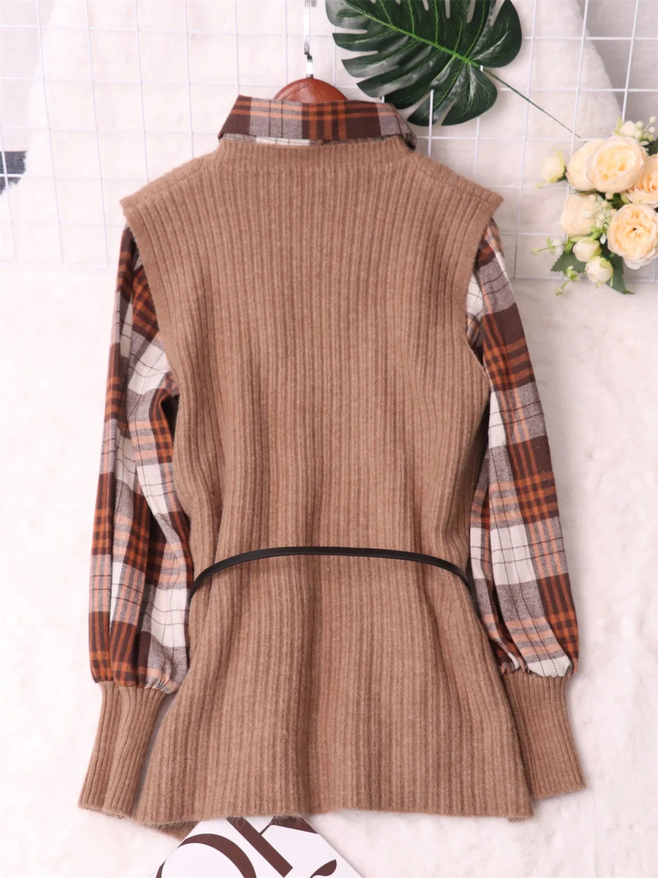 Fashorio Sweater Dresses Plaid Long Sleeve Sweater Dress