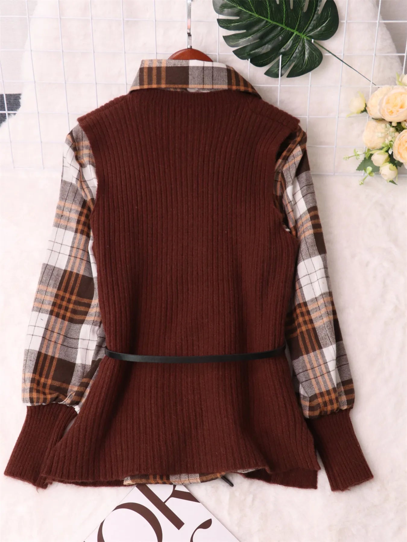 Fashorio Sweater Dresses Plaid Long Sleeve Sweater Dress