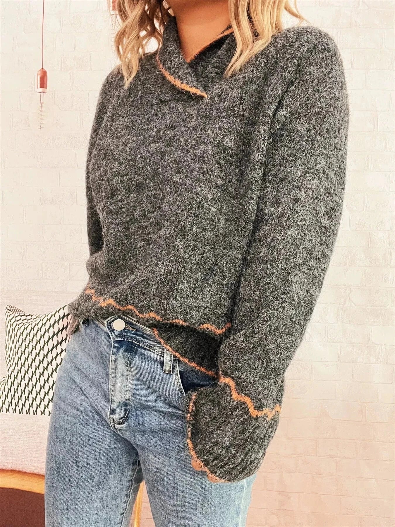 Fashorio Sweater Dresses Ribbed Contrast Trim Long Sleeve Sweater