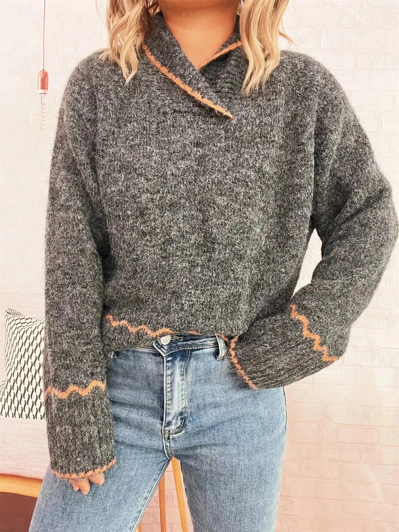 Fashorio Sweater Dresses Ribbed Contrast Trim Long Sleeve Sweater