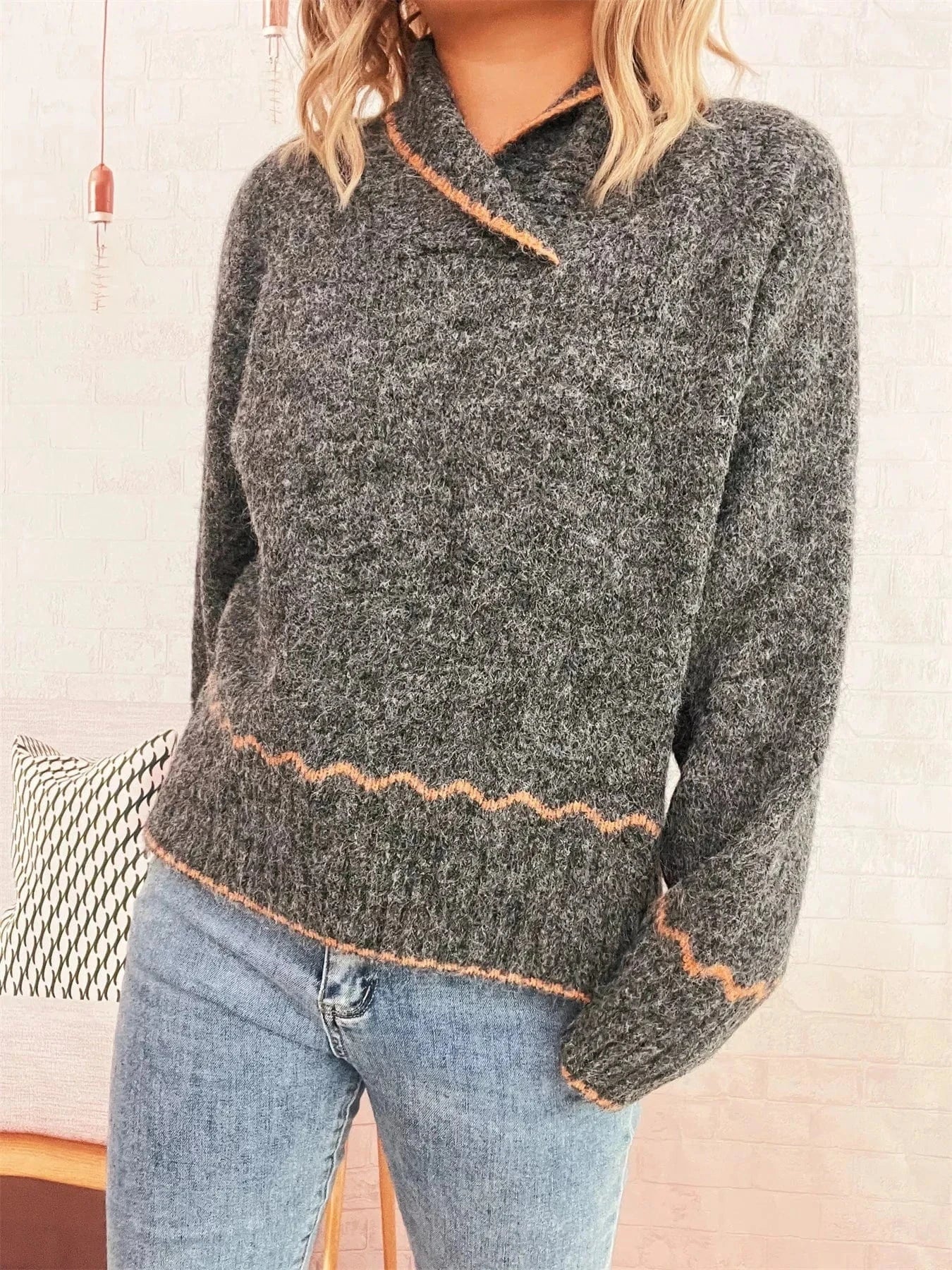 Fashorio Sweater Dresses Ribbed Contrast Trim Long Sleeve Sweater