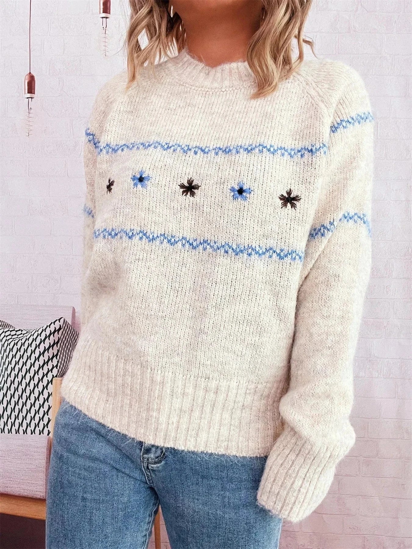 Fashorio Sweater Dresses Ribbed Hem Flower Long Sleeve Sweater