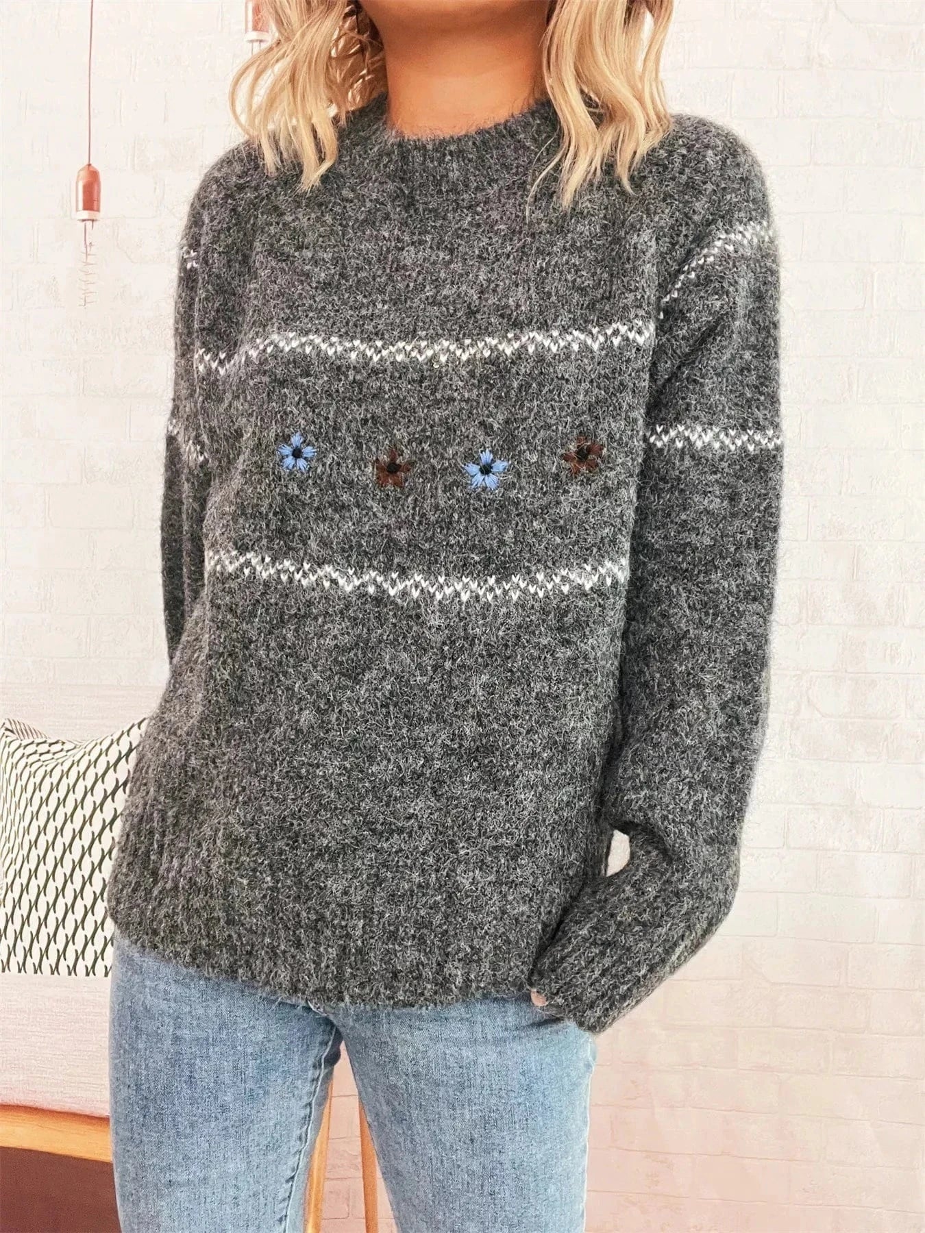 Fashorio Sweater Dresses Ribbed Hem Flower Long Sleeve Sweater