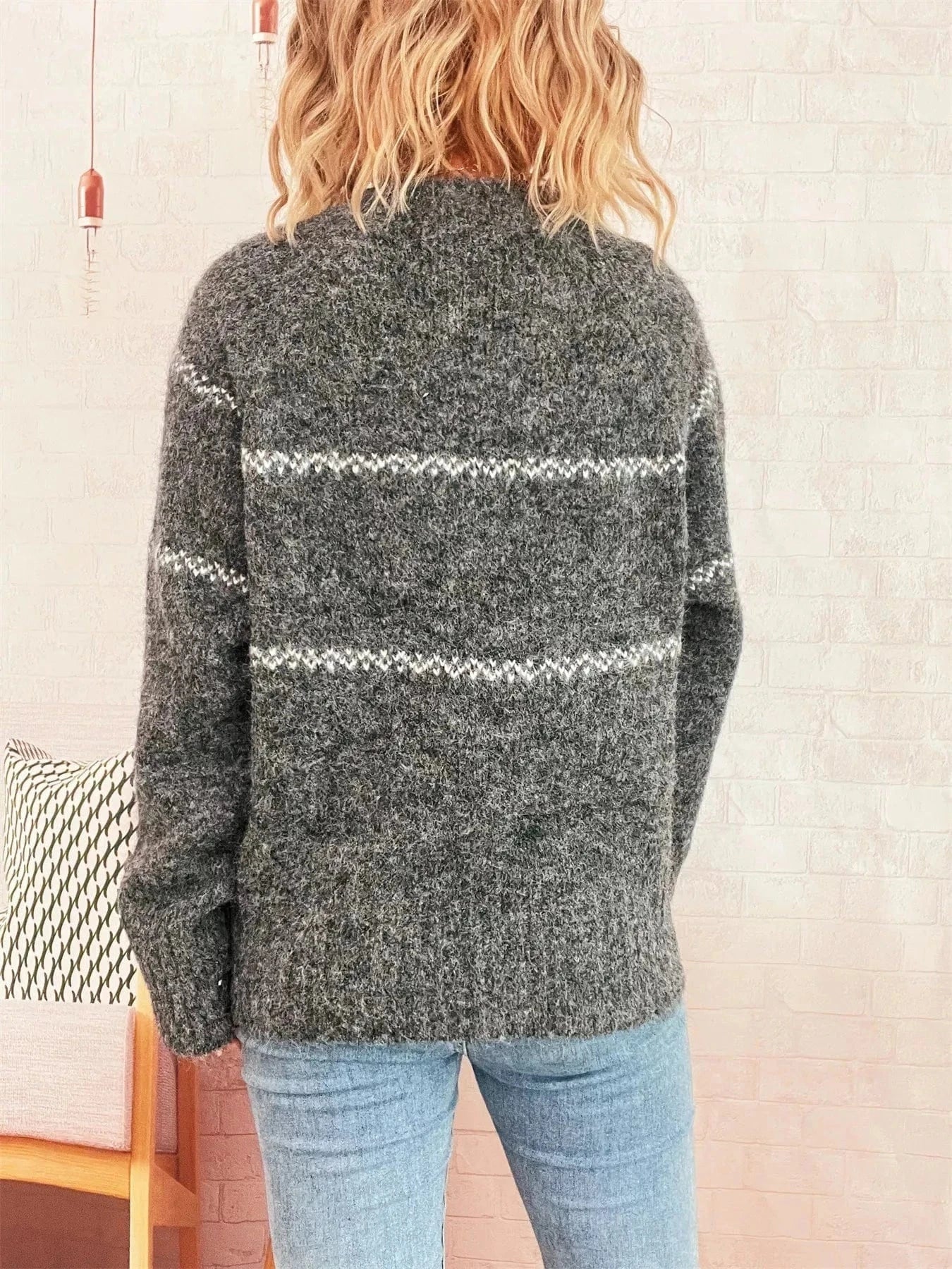 Fashorio Sweater Dresses Ribbed Hem Flower Long Sleeve Sweater