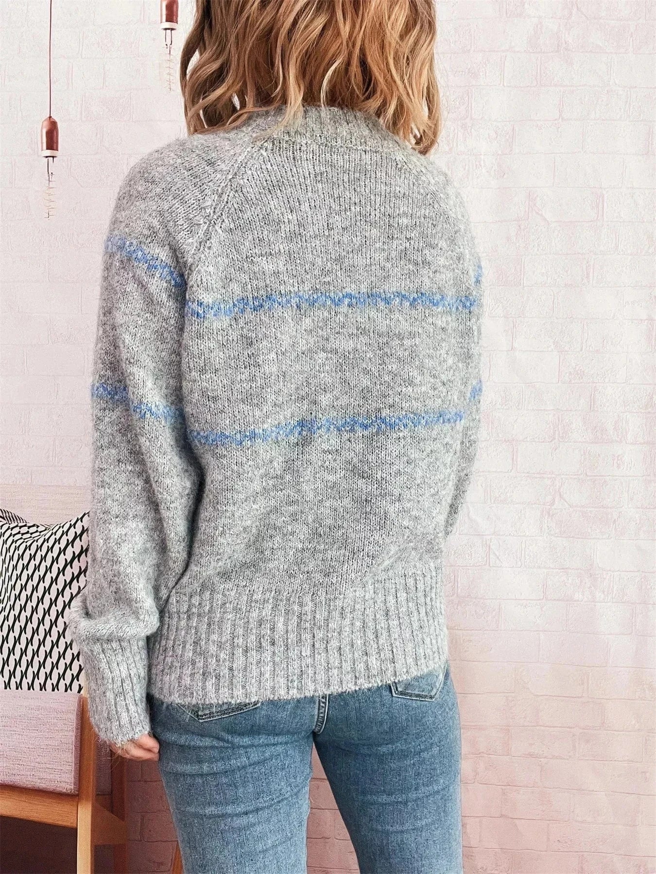 Fashorio Sweater Dresses Ribbed Hem Flower Long Sleeve Sweater