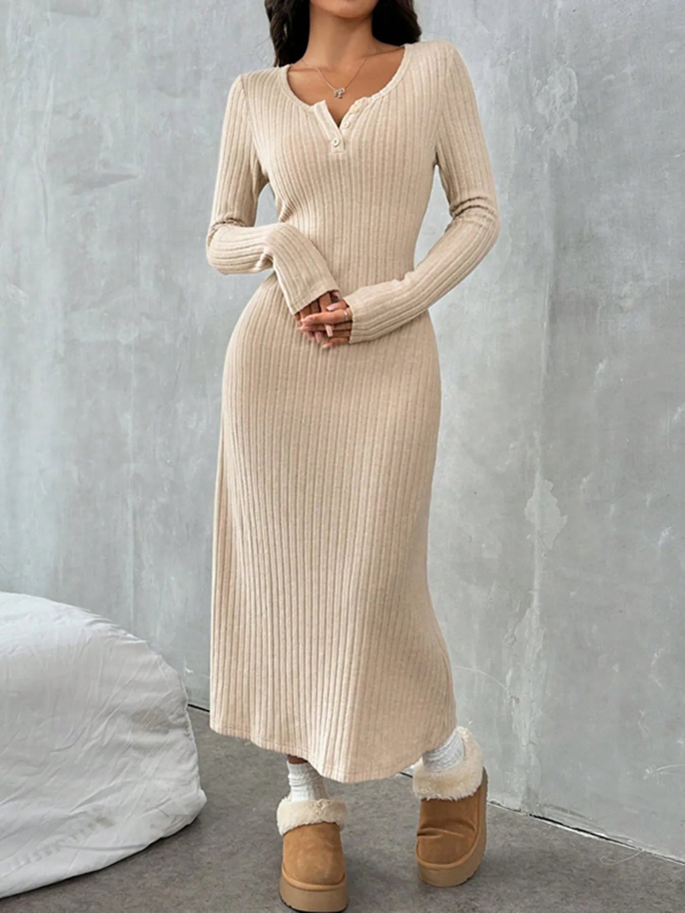 Fashorio Sweater Dresses Ribbed Long Sleeve Knit Dress