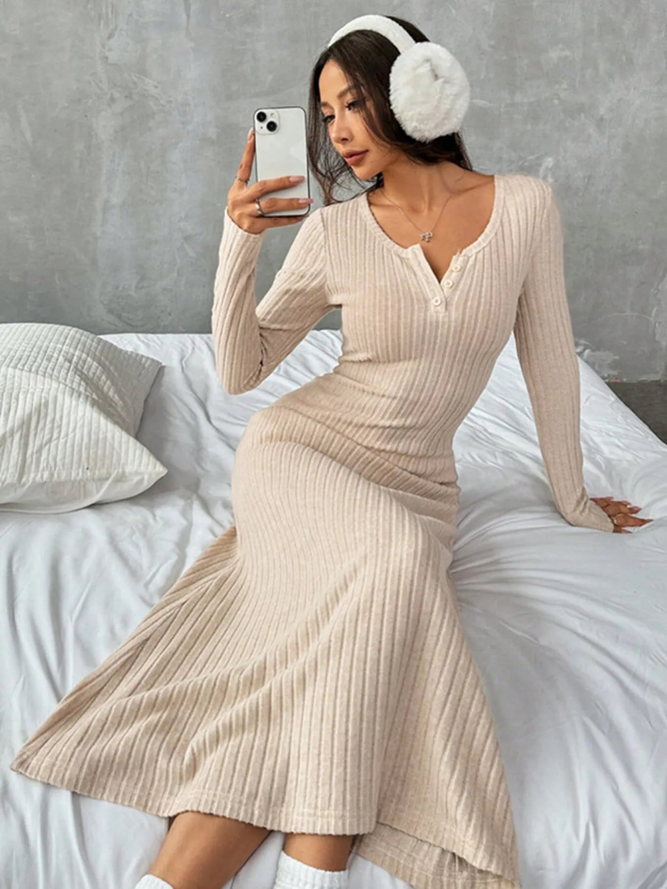 Fashorio Sweater Dresses Ribbed Long Sleeve Knit Dress