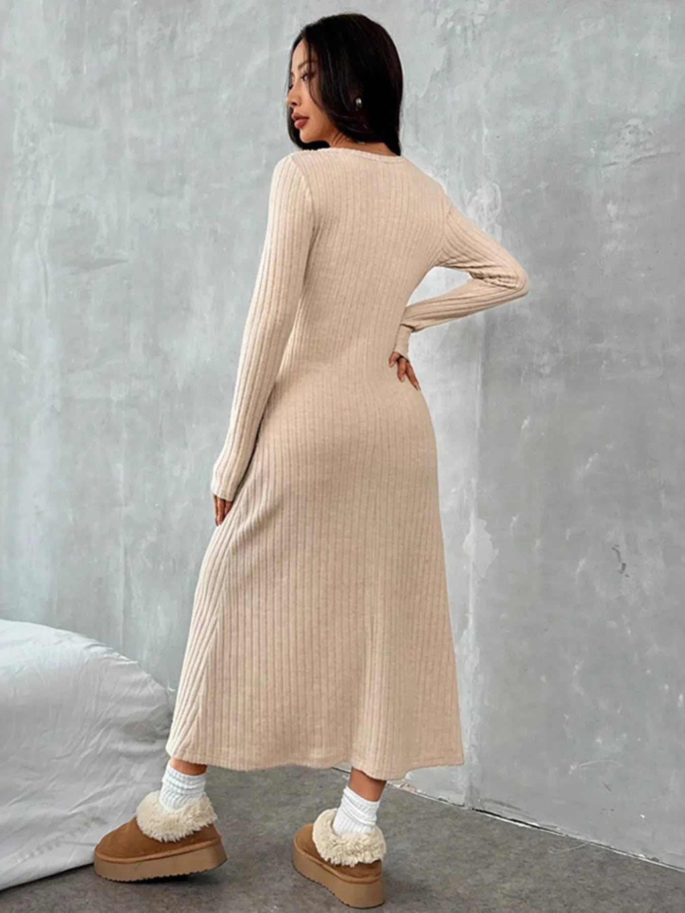 Fashorio Sweater Dresses Ribbed Long Sleeve Knit Dress