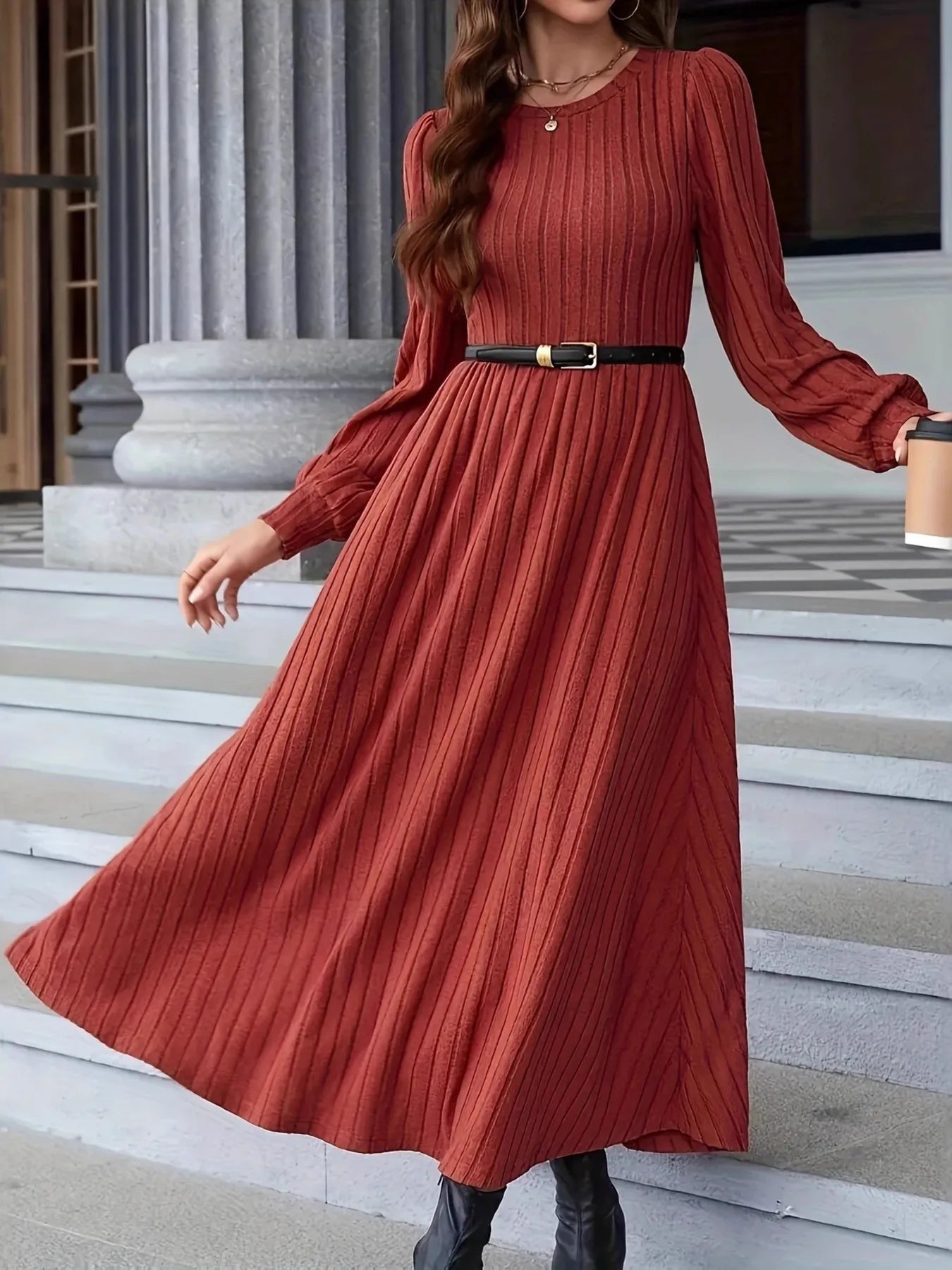 Fashorio Sweater Dresses Ribbed Long Sleeve Sweater Dress