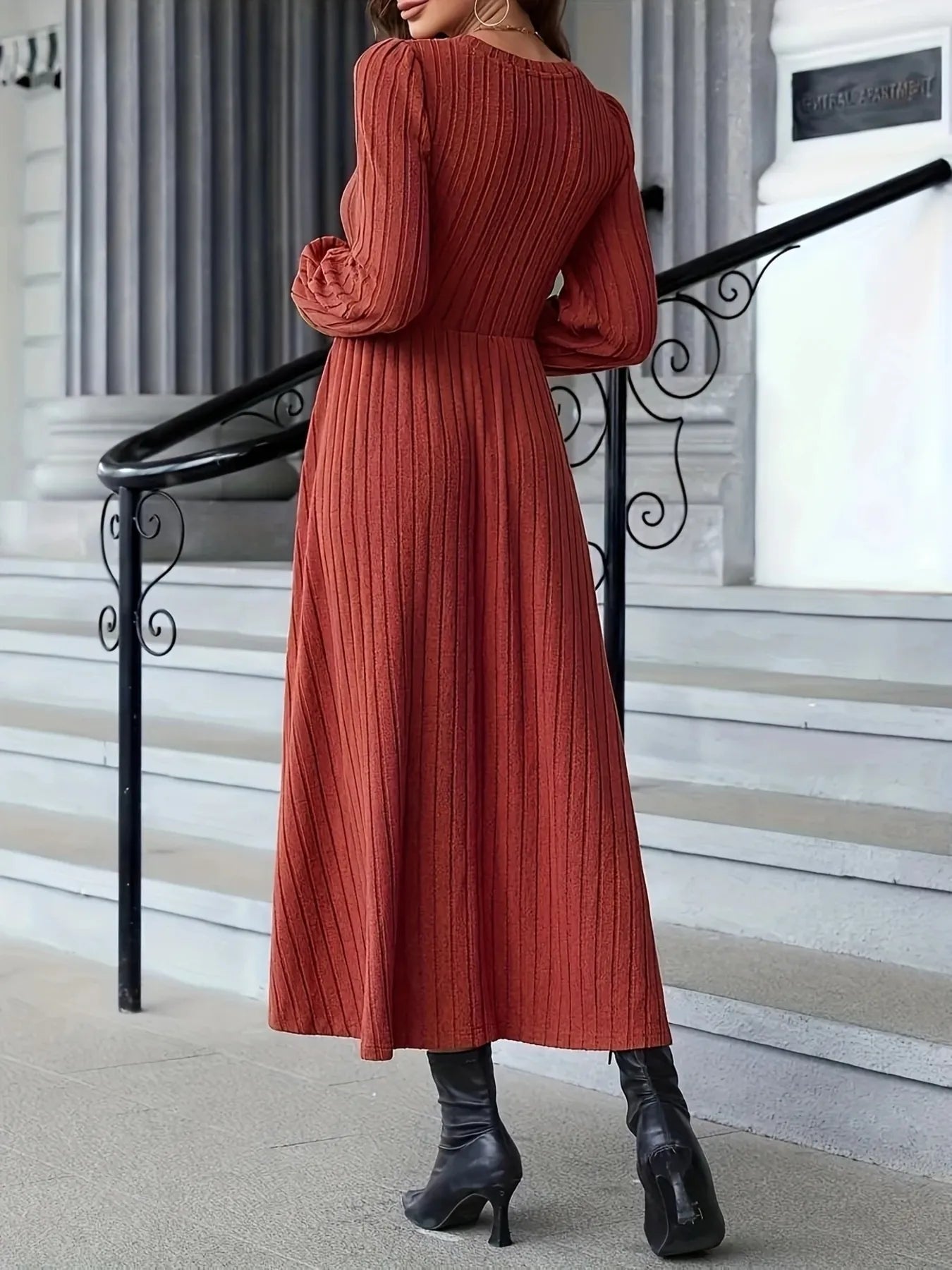 Fashorio Sweater Dresses Ribbed Long Sleeve Sweater Dress
