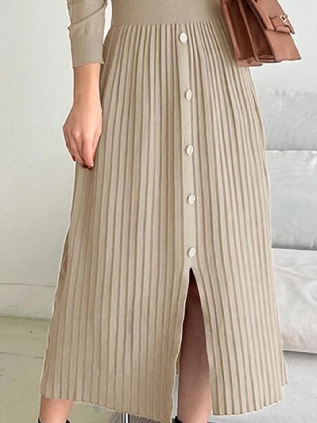 Fashorio Sweater Dresses Slit Front Mock Neck Long Sleeve Knit Dress