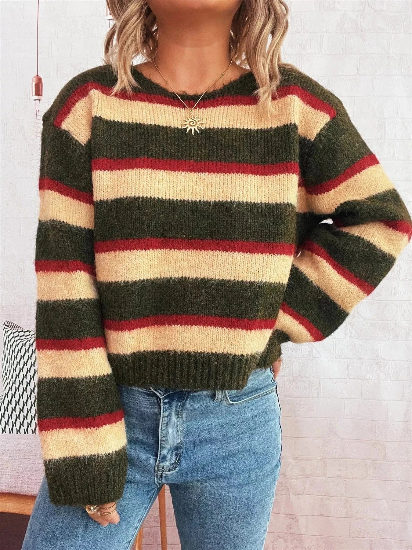 Fashorio Sweater Dresses Striped Round Neck Long Sleeve Sweater
