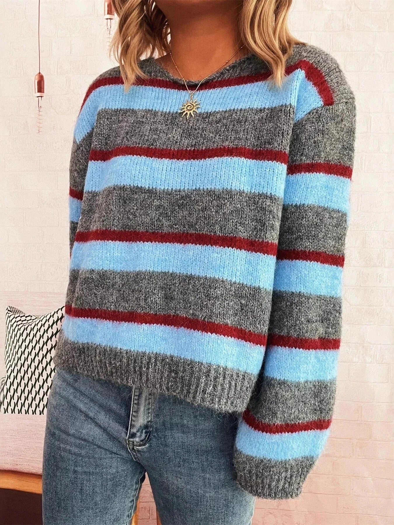 Fashorio Sweater Dresses Striped Round Neck Long Sleeve Sweater