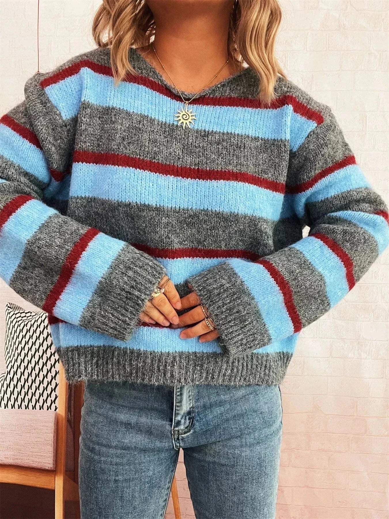 Fashorio Sweater Dresses Striped Round Neck Long Sleeve Sweater
