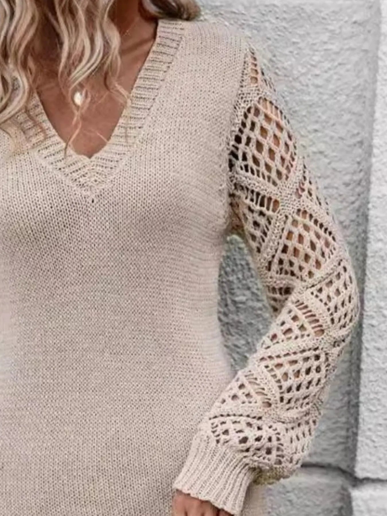 Fashorio Sweater Dresses V-Neck Hollow Out Sleeve Sweater Dress