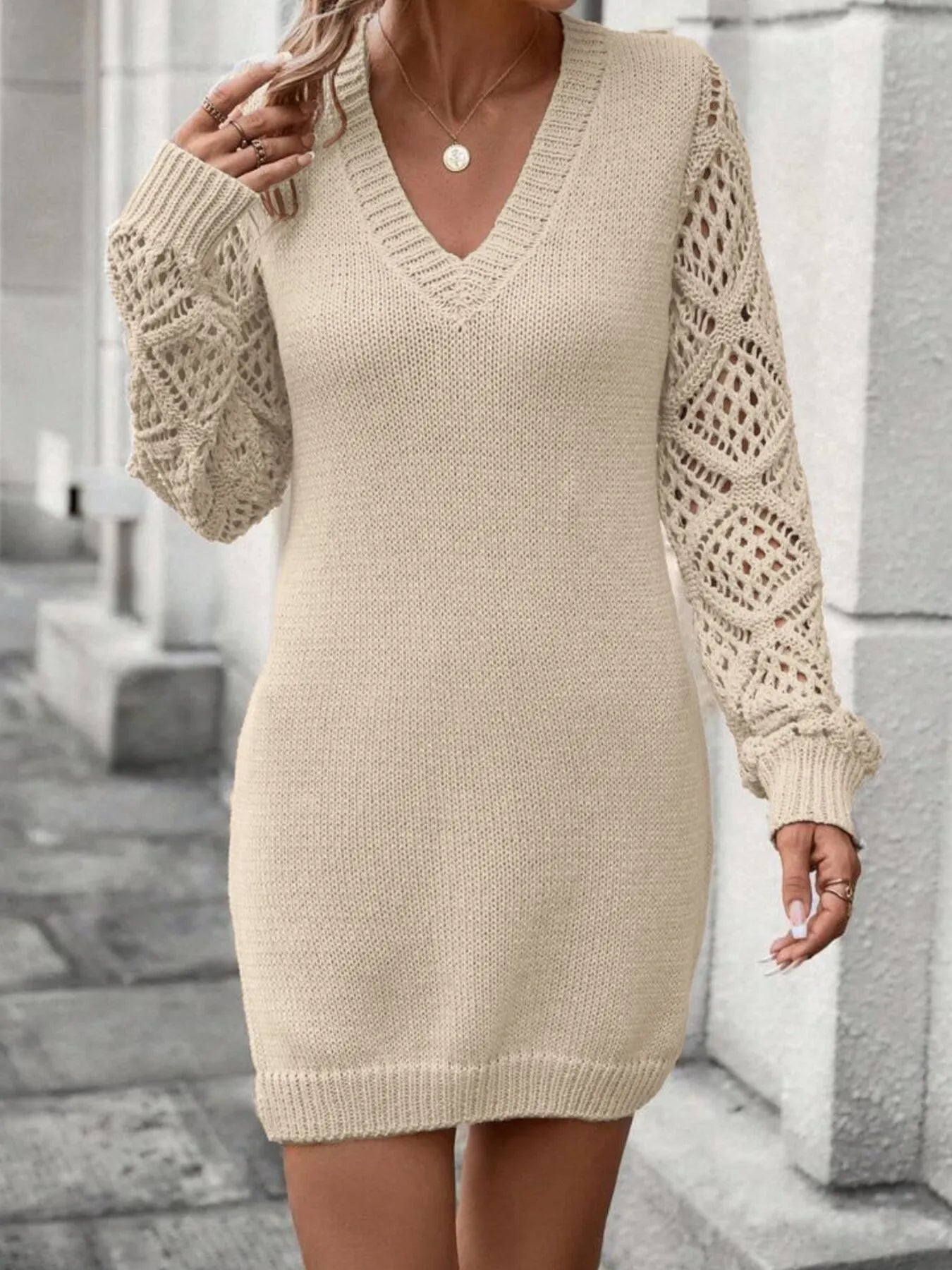 Fashorio Sweater Dresses V-Neck Hollow Out Sleeve Sweater Dress