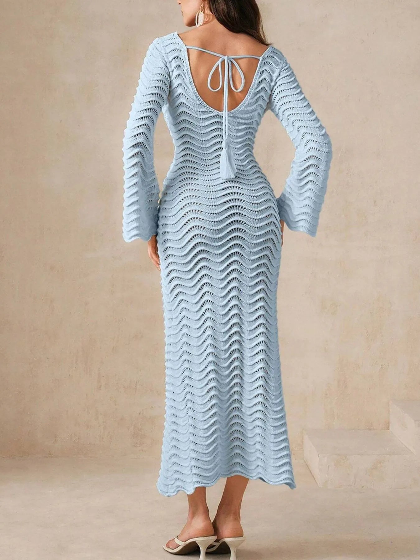 Fashorio Sweater Dresses Wave Openwork Crochet Maxi Knit Dress