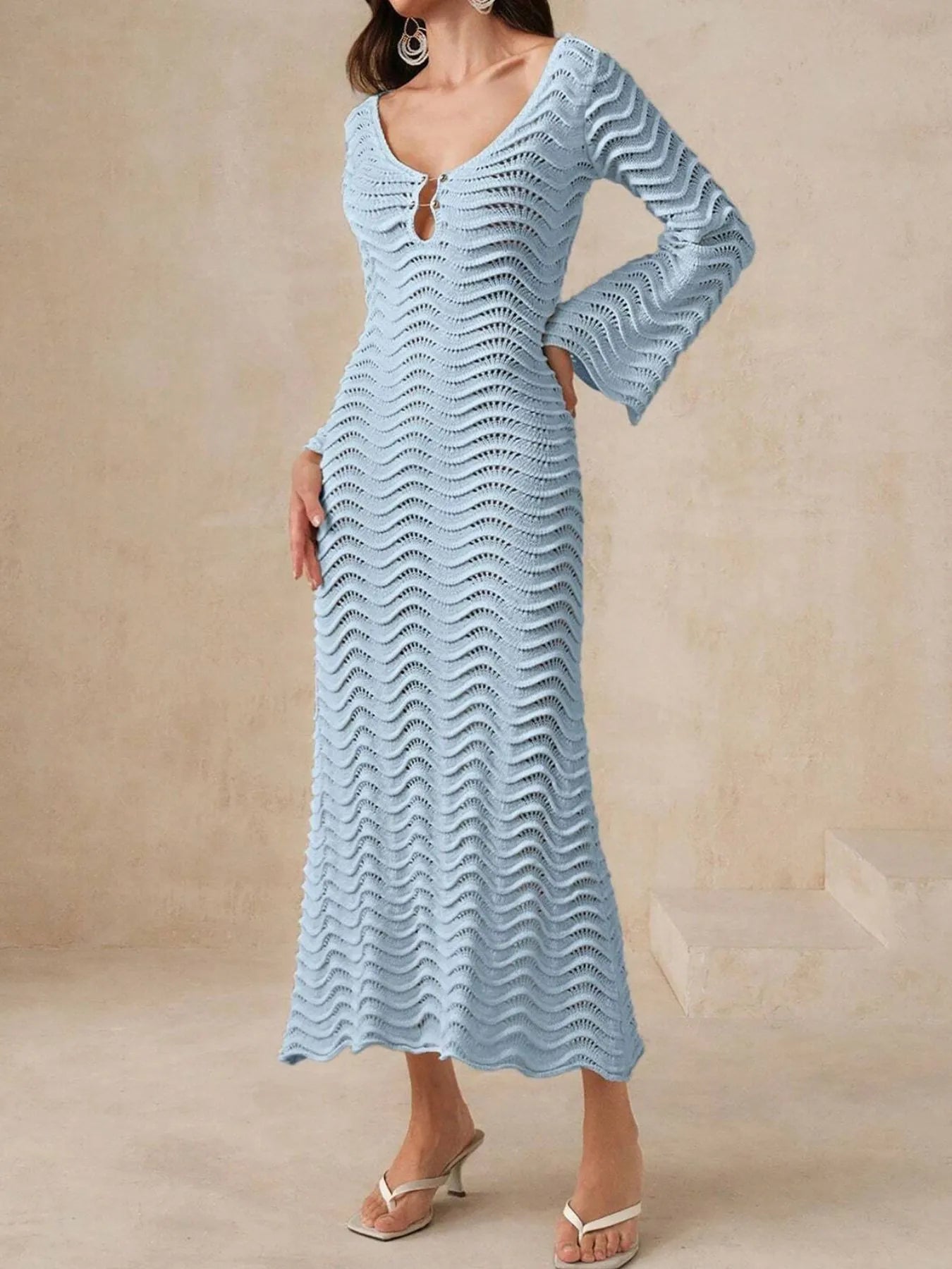 Fashorio Sweater Dresses Wave Openwork Crochet Maxi Knit Dress