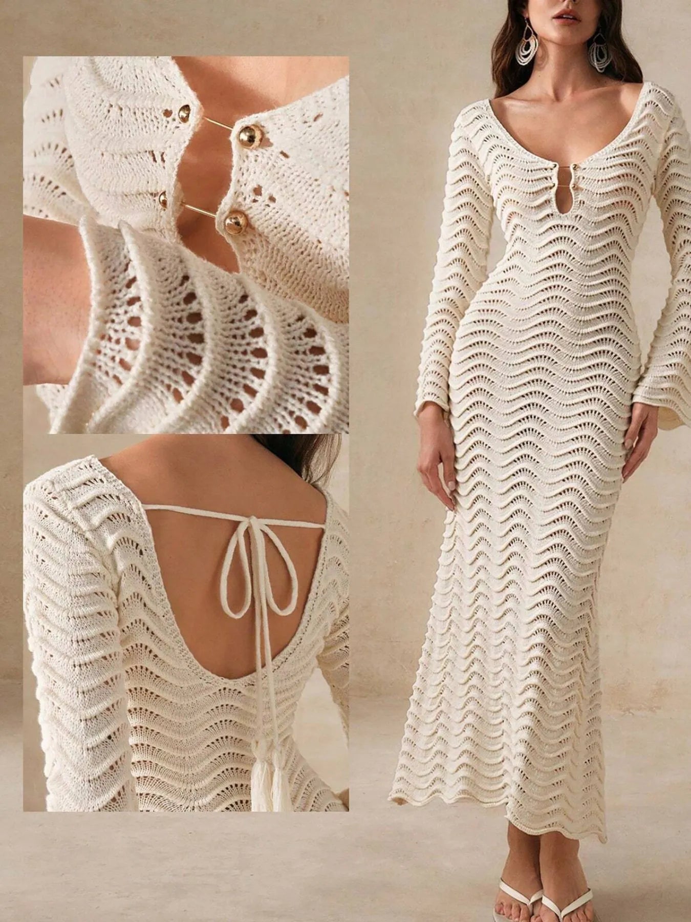 Fashorio Sweater Dresses Wave Openwork Crochet Maxi Knit Dress