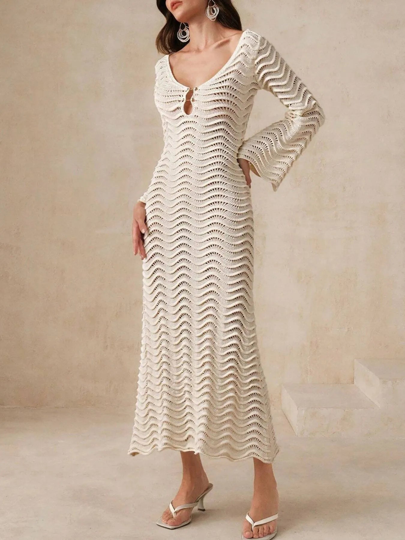 Fashorio Sweater Dresses Wave Openwork Crochet Maxi Knit Dress
