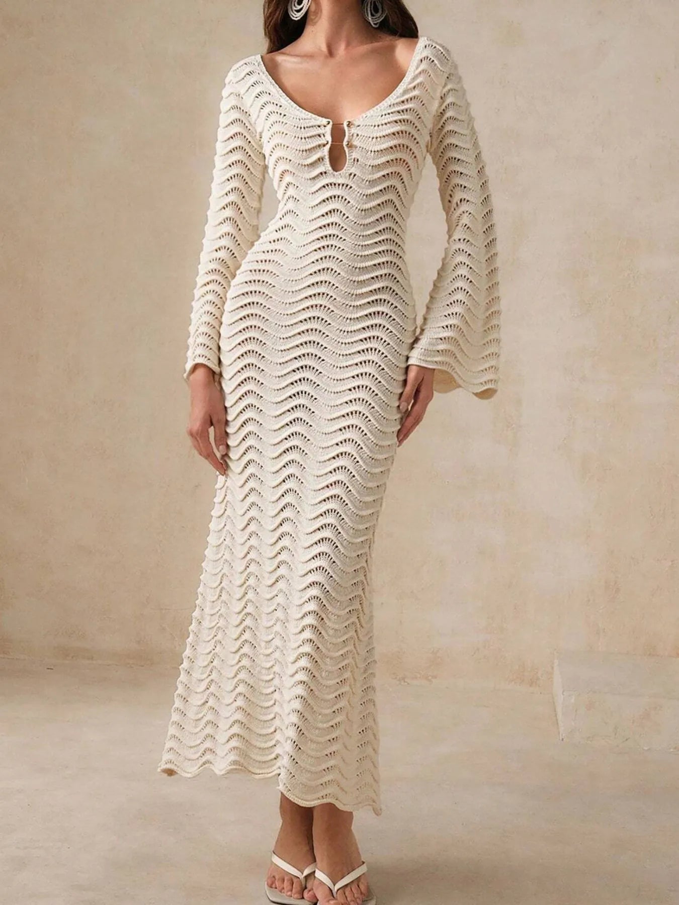 Fashorio Sweater Dresses Wave Openwork Crochet Maxi Knit Dress