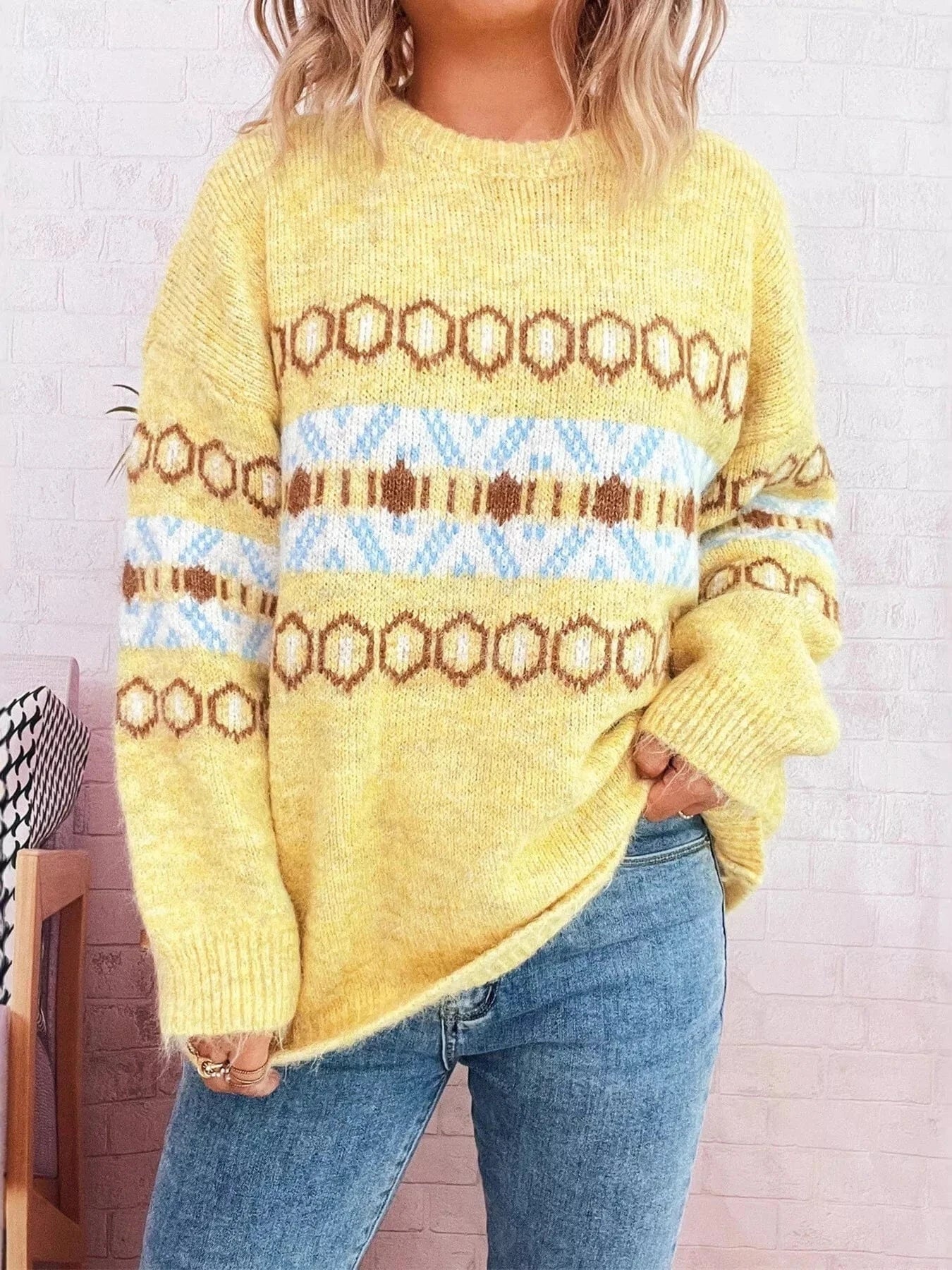 Fashorio Sweater Dresses Yellow / One Size Contrast Round Neck Drop Shoulder Sweater