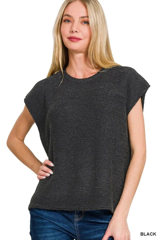 Zenana Oversized Crew Neck Sweater Vest BLACK - Fashorio