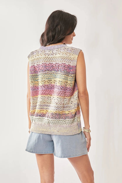 Davi & Dani Multi Color Crochet Sleeveless Knit Vest Top - Fashorio