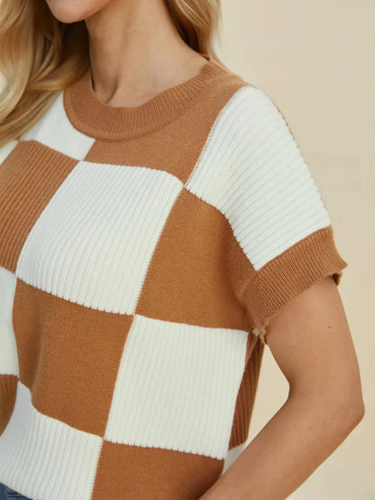 Double Take Full Size Checkered Round Neck Short Sleeve Sweater - Fashorio