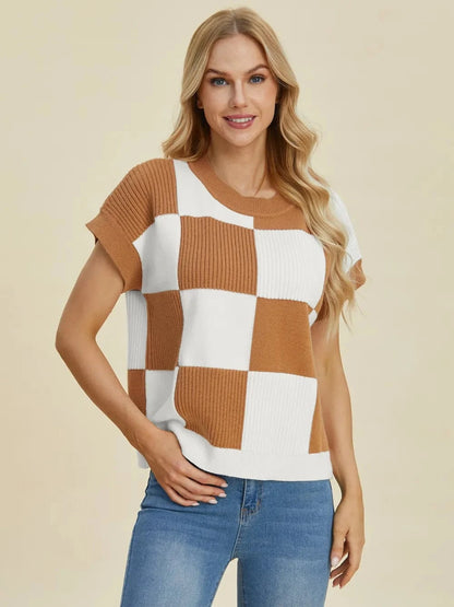 Double Take Full Size Checkered Round Neck Short Sleeve Sweater - Fashorio
