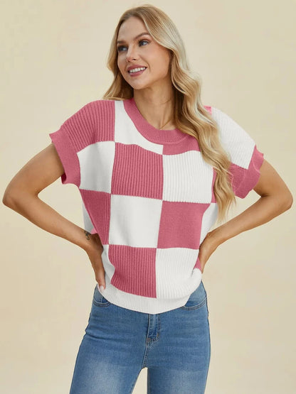 Double Take Full Size Checkered Round Neck Short Sleeve Sweater - Fashorio