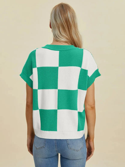 Double Take Full Size Checkered Round Neck Short Sleeve Sweater - Fashorio