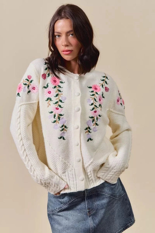 SO ME Floral Embroidered Coquette Sweater Cardigan IVORY - Fashorio