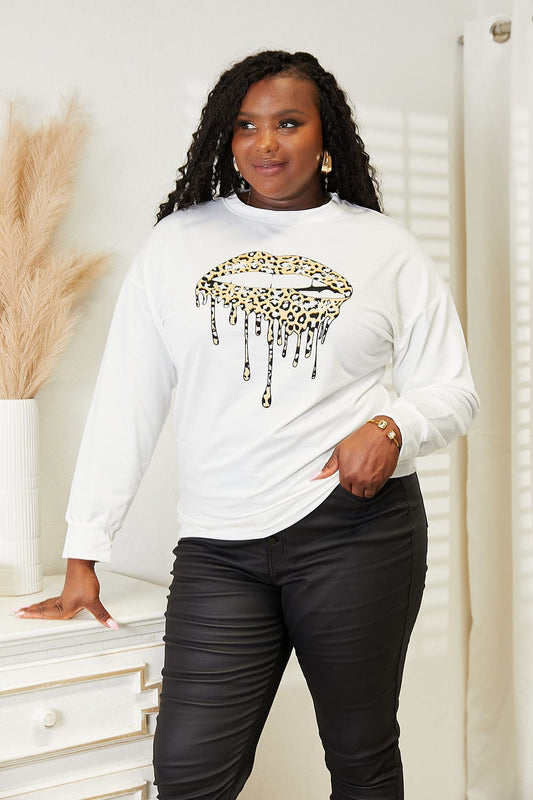 Simply Love Graphic Dropped Shoulder Round Neck Sweatshirt White - Fashorio