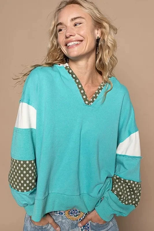 POL Exposed Seam Floral Patchwork French Terry Hoodie Aqua - Fashorio