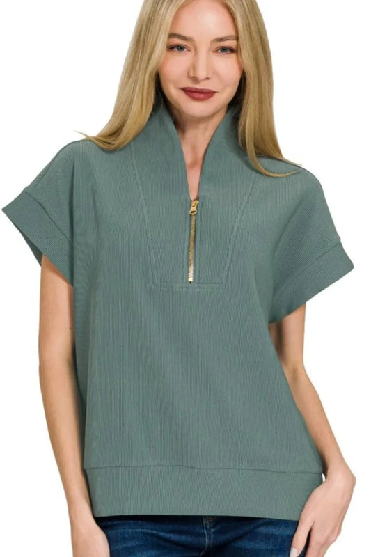 Zenana Ribbed High Neck Half Zip Top ASH JADE - Fashorio