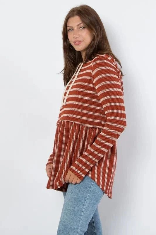 Be Stage Full Size Drawstring Striped Babydoll Hoodie - Fashorio