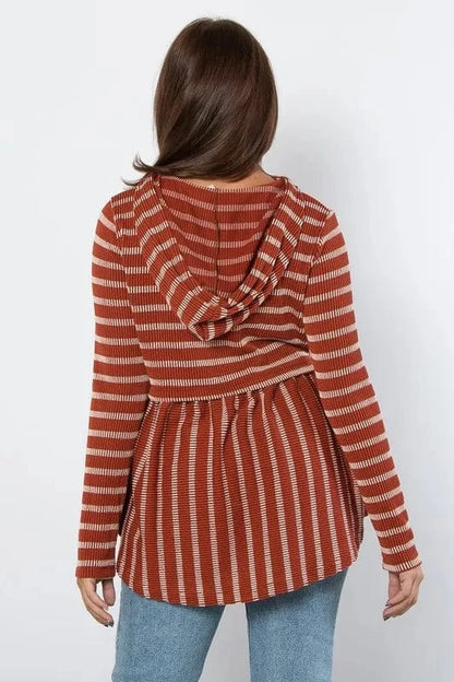 Be Stage Full Size Drawstring Striped Babydoll Hoodie - Fashorio