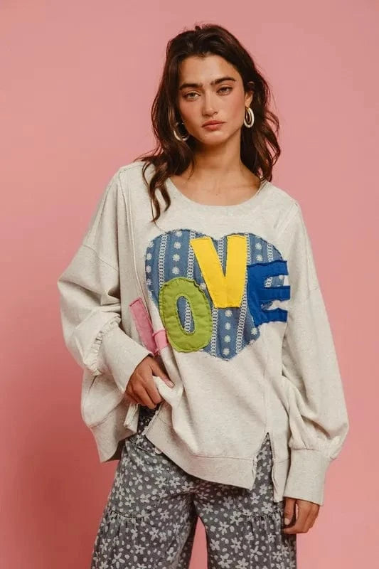 BiBi LOVE Heart Patch Slit French Terry Sweatshirt - Fashorio