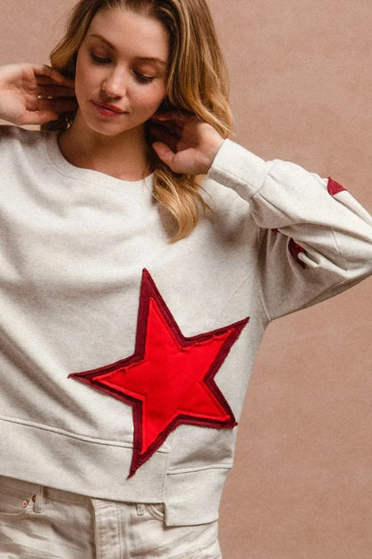 BiBi Star Patch And Spliced Hemline French Terry Long Sleeve Sweatshirt - Fashorio