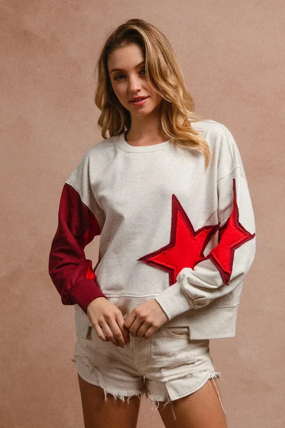 BiBi Star Patch And Spliced Hemline French Terry Long Sleeve Sweatshirt - Fashorio