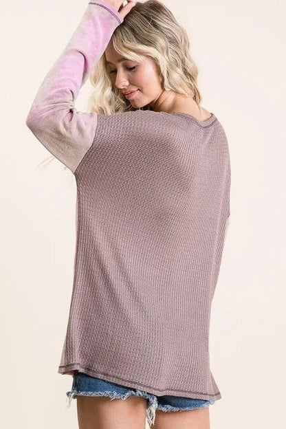 BiBi Thermal Waffle Color Block Top with Tie Dye - Fashorio