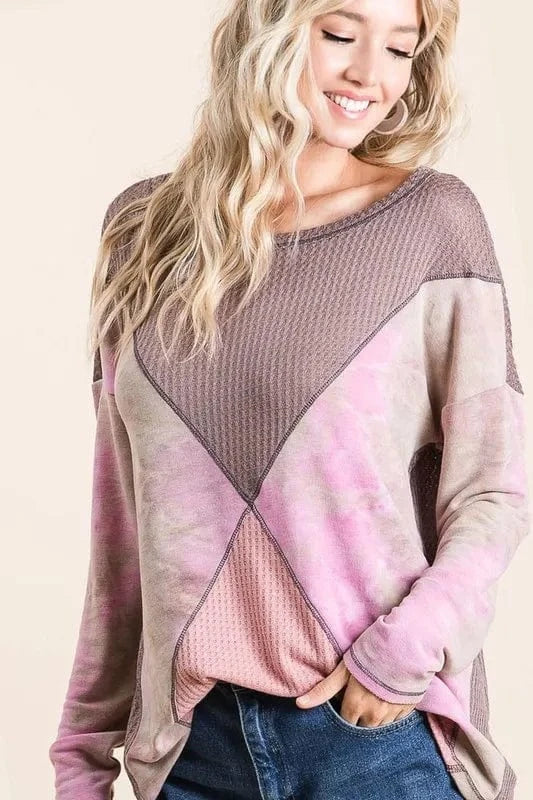 BiBi Thermal Waffle Color Block Top with Tie Dye - Fashorio