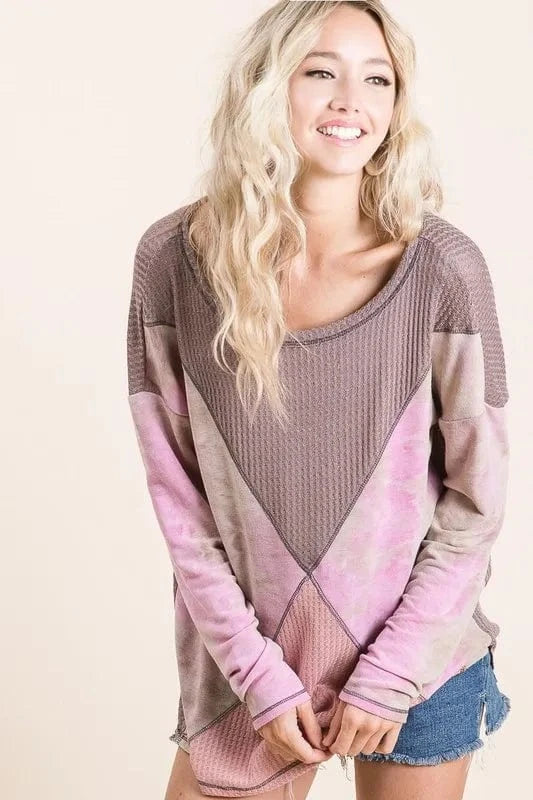 BiBi Thermal Waffle Color Block Top with Tie Dye - Fashorio