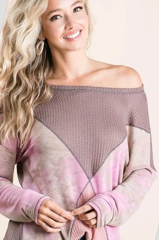 BiBi Thermal Waffle Color Block Top with Tie Dye - Fashorio