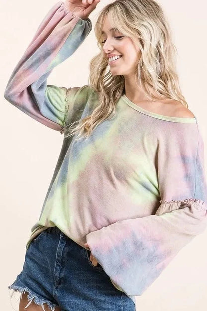 BiBi Tie Dye French Terry Sweatshirt With Bubble Sleeves - Fashorio