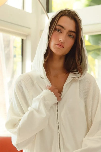 BiBi Waffle Thermal And Terry Mix Washed Zip Up Hoodie - Fashorio