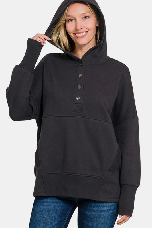 Zenana Half Snap Long Sleeve Hoodie with Kangaroo Pocket Black - Fashorio