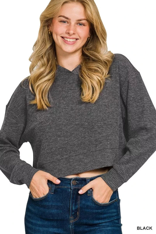 Zenana Drop Shoulder Ribbed Crop Hoodie BLACK - Fashorio