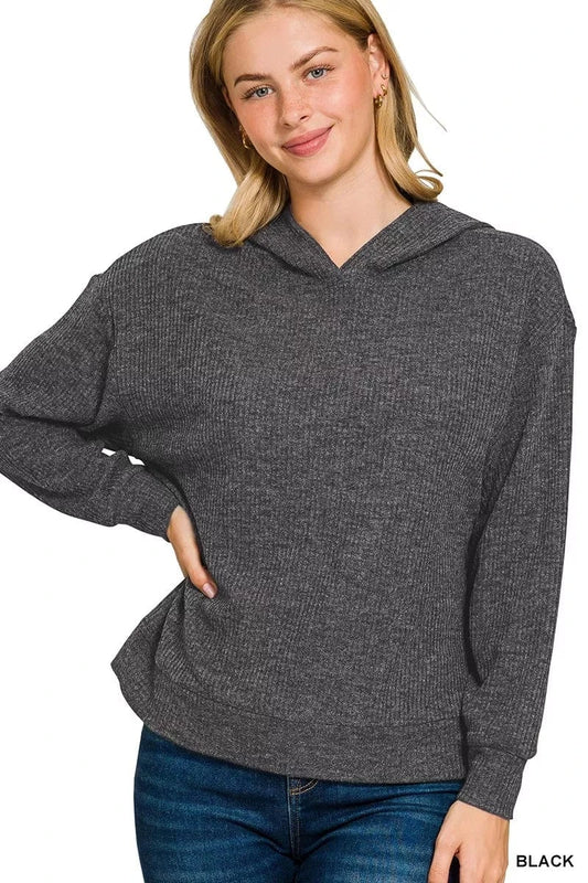 Zenana Ribbed Long Sleeve Hoodie BLACK - Fashorio